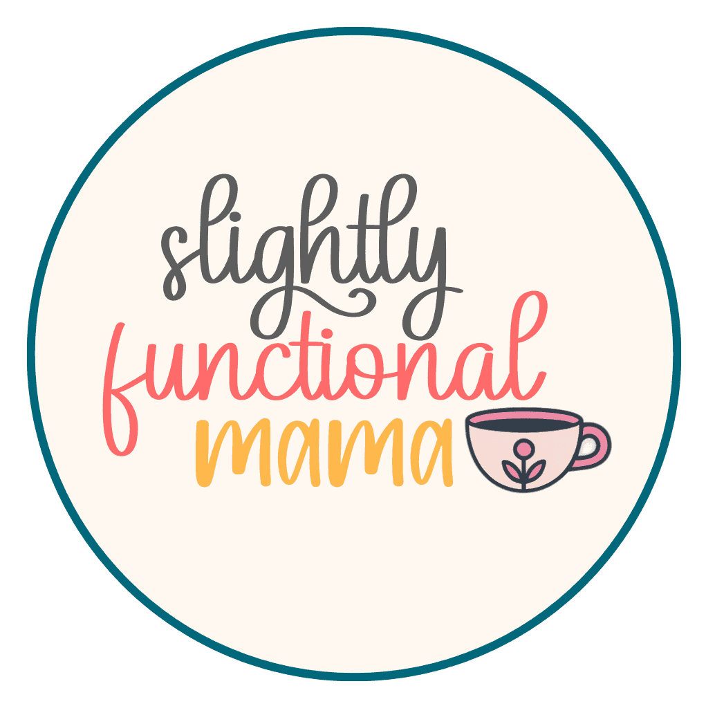 Slightly Functional Mama logo - name inside of a pale peach circle with a teal green outline. Slightly is in gray, functional in a deep pink, and mama in an orange. Next to mama is an illustrated pink coffee cup with a heart.