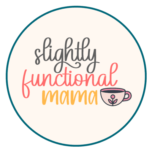 Slightly Functional Mama logo - name inside of a pale peach circle with a teal green outline. Slightly is in gray, functional in a deep pink, and mama in an orange. Next to mama is an illustrated pink coffee cup with a heart.